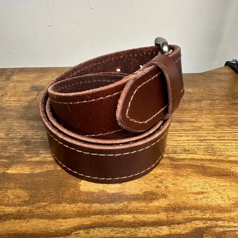 American Eagle Mens Brown Genuine Leather Belt Contrast Stitch Metal Buckle